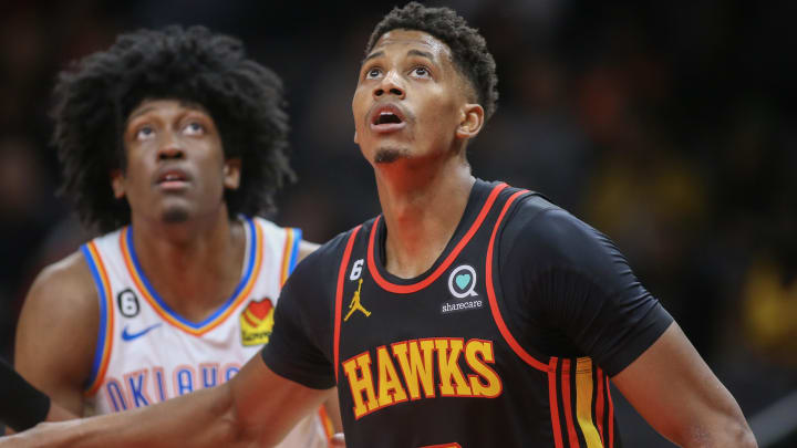 Dec 5, 2022; Atlanta, Georgia, USA; Atlanta Hawks guard Jarrett Culver (7) boxes out Oklahoma City Thunder forward Jalen Williams (8) in the second half at State Farm Arena. Mandatory Credit: Brett Davis-USA TODAY Sports

