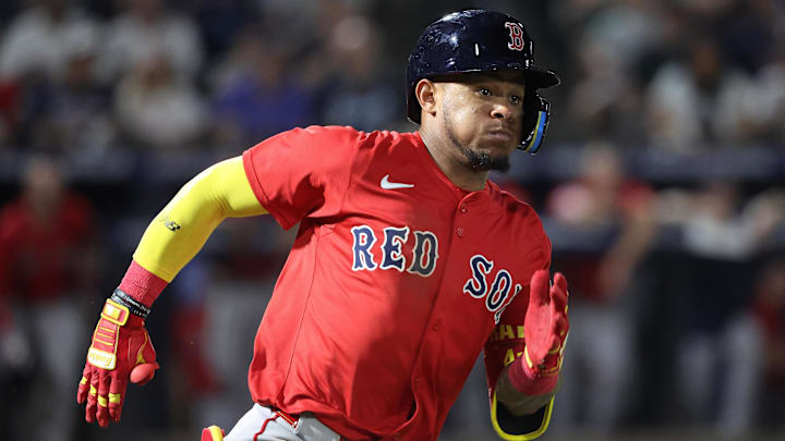 Sep 19, 2025; Tampa, Florida, USA; Boston Red Sox outfielder Ceddanne Rafaela (3) doubles during the fourth inning against the Tampa Bay Rays at George M. Steinbrenner Field. Mandatory Credit: Kim Klement Neitzel-Imagn Images