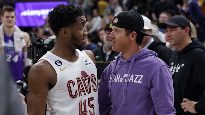 Jan 10, 2023; Salt Lake City, Utah, USA;  Cleveland Cavaliers guard Donovan Mitchell (45) and Utah Jazz owner Ryan Smith meet after the game at Vivint Arena. Mandatory Credit: Chris Nicoll-Imagn Images