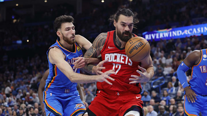 Oct 21, 2025; Oklahoma City, Oklahoma, USA; Houston Rockets center Steven Adams (12) and Oklahoma City Thunder center Chet Holmgren (7) reach for a loose ball during the second half at Paycom Center. Mandatory Credit: Alonzo Adams-Imagn Images Oct 21, 2025; Oklahoma City, Oklahoma, USA; Houston Rockets center Steven Adams (12) and Oklahoma City Thunder center Chet Holmgren (7) reach for a loose ball during the second half at Paycom Center. Mandatory Credit: Alonzo Adams-Imagn Images