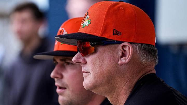 Detroit Tigers manager A.J. Hinch, right, and pitcher Tarik Skubal watch live batting practice. 
