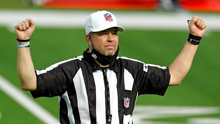 Nov 8, 2020; Inglewood, California, USA; NFL referee Brad Rogers makes a call during the first half at SoFi Stadium during a game between the Las Vegas Raiders and the Los Angeles Chargers. Mandatory Credit: Kirby Lee-Imagn Images