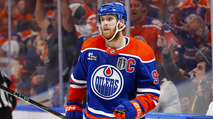 Jun 14, 2025; Edmonton, Alberta, CAN; Edmonton Oilers center Connor McDavid (97) celebrates scoring during the third period against the Florida Panthers in game five of the 2025 Stanley Cup Final at Rogers Place. Mandatory Credit: Perry Nelson-Imagn Images
