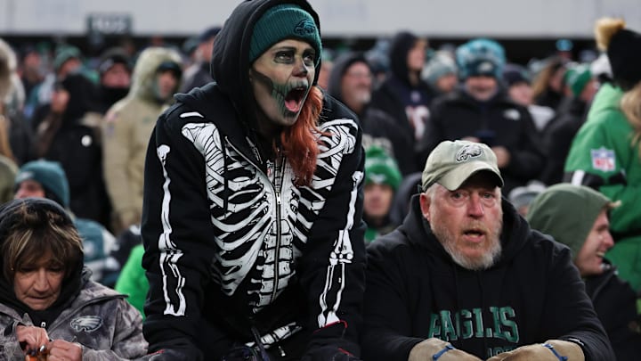 A fan watches action during the game between the Philadelphia Eagles and the Chicago Bears at Lincoln Financial Field. 