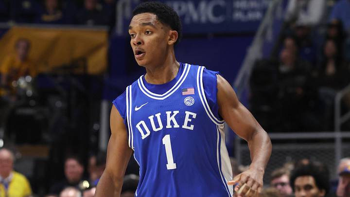 Feb 10, 2026; Pittsburgh, Pennsylvania, USA; Duke Blue Devils guard Caleb Foster (1) dribbles the ball against the Pittsburgh Panthers during the first half at Petersen Events Center. Mandatory Credit: Charles LeClaire-Imagn Images Feb 10, 2026; Pittsburgh, Pennsylvania, USA; Duke Blue Devils guard Caleb Foster (1) dribbles the ball against the Pittsburgh Panthers during the first half at Petersen Events Center. Mandatory Credit: Charles LeClaire-Imagn Images