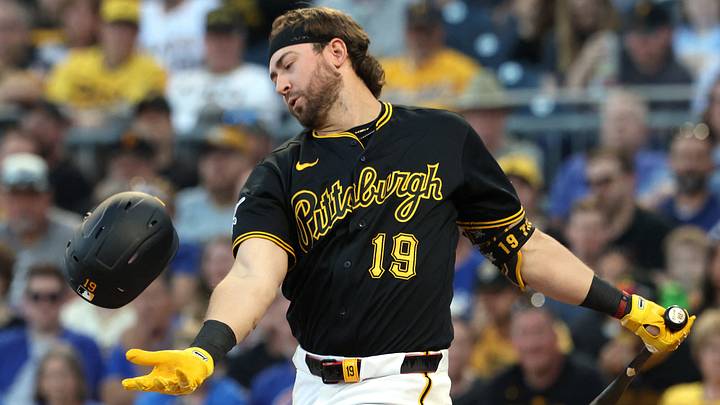 May 28, 2026; Pittsburgh, Pennsylvania, USA;  Pittsburgh Pirates shortstop Jared Triolo (19) loses his helmet on a swing and miss during the fourth inning against the Chicago Cubs at PNC Park. Mandatory Credit: Charles LeClaire-Imagn Images