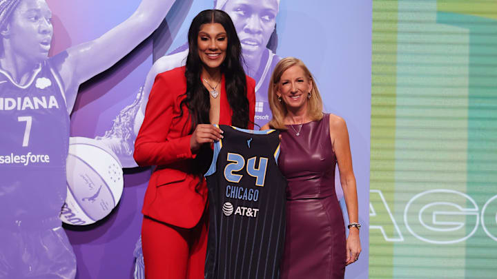 Apr 15, 2024; Brooklyn, NY, USA; Kamilla Cardoso poses with WNBA commissioner Cathy Engelbert after she is selected with the number three overall pick to the Chicago Sky in the 2024 WNBA Draft at Brooklyn Academy of Music. Mandatory Credit: Brad Penner-Imagn Images