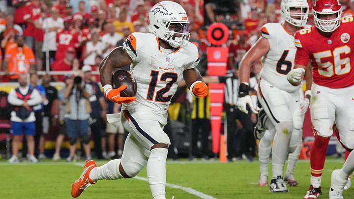 Sep 14, 2026; Kansas City, Missouri, USA; Denver Broncos running back RJ Harvey (12) rushes the ball against the Kansas City Chiefs in the first half at GEHA Field at Arrowhead Stadium. Mandatory Credit: Denny Medley-Imagn Images Sep 14, 2026; Kansas City, Missouri, USA; Denver Broncos running back RJ Harvey (12) rushes the ball against the Kansas City Chiefs in the first half at GEHA Field at Arrowhead Stadium. Mandatory Credit: Denny Medley-Imagn Images