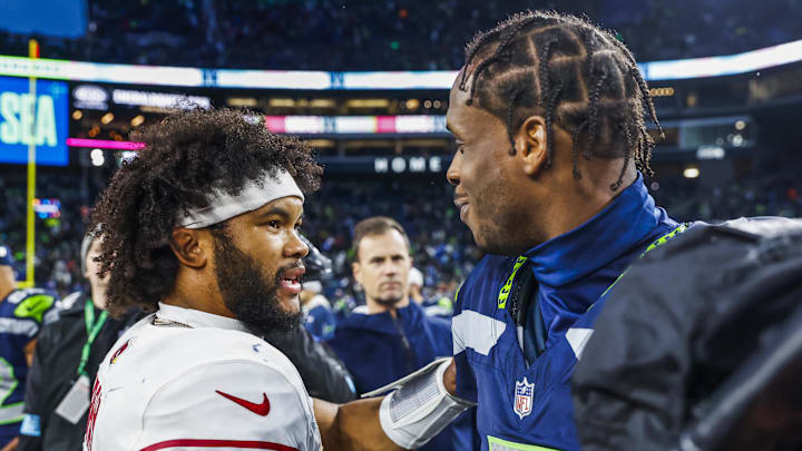 Nov 24, 2024; Seattle, Washington, USA; Arizona Cardinals quarterback Kyler Murray (1) shakes hands with Seattle Seahawks quarterback Geno Smith (7) following a Seahawks at Lumen Field. Mandatory Credit: Joe Nicholson-Imagn Images Nov 24, 2024; Seattle, Washington, USA; Arizona Cardinals quarterback Kyler Murray (1) shakes hands with Seattle Seahawks quarterback Geno Smith (7) following a Seahawks at Lumen Field. Mandatory Credit: Joe Nicholson-Imagn Images