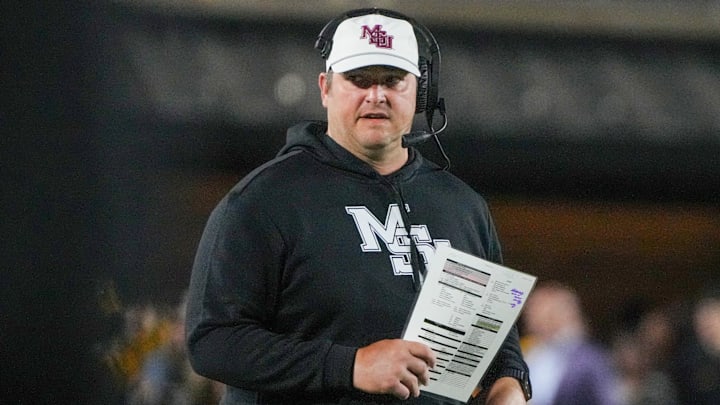 Mississippi State Bulldogs head coach Jeff Lebby on field against the Missouri Tigers during the first half of the game at Faurot Field at Memorial Stadium. 