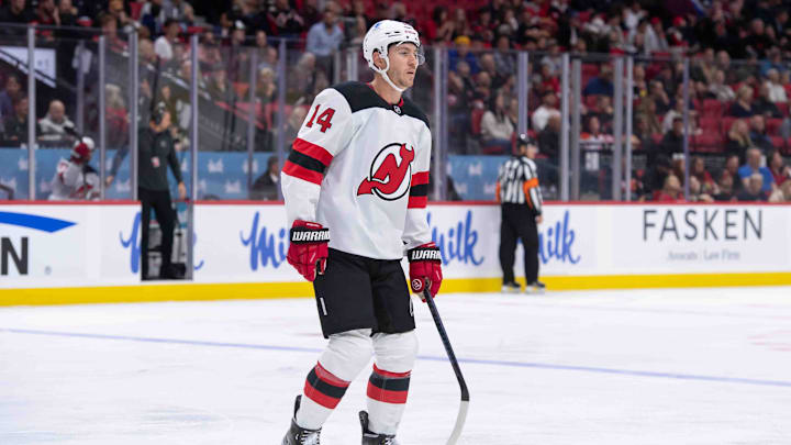 New Jersey Devils right wing Nathan Bastian (14). Mandatory Credit: Marc DesRosiers-Imagn Images