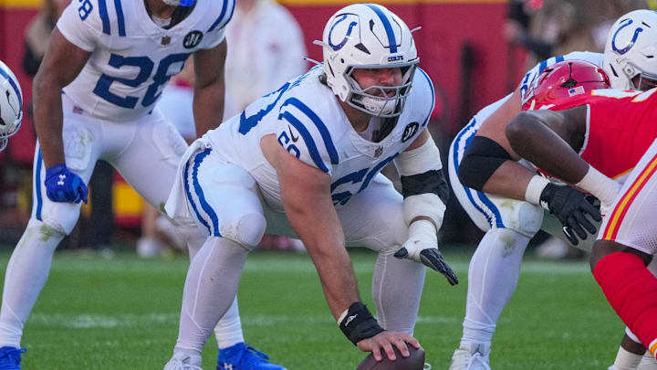 Nov 23, 2025; Kansas City, Missouri, USA; Indianapolis Colts center Tanor Bortolini (60) lines up against the Kansas City Chiefs during the game at GEHA Field at Arrowhead Stadium. Mandatory Credit: Denny Medley-Imagn Images