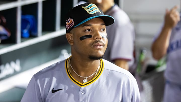 Nov 9, 2025; Mesa, AZ, USA; Pittsburgh Pirates outfielder Esmerlyn Valdez during the Arizona Fall League Fall Stars Game at Sloan Park. Mandatory Credit: Mark J. Rebilas-Imagn Images