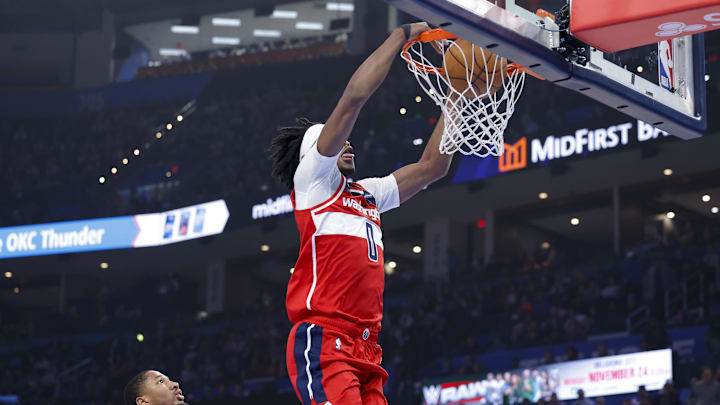 Oct 30, 2025; Oklahoma City, Oklahoma, USA; Washington Wizards guard Bilal Coulibaly (0) dunks against the Oklahoma City Thunder during the first quarter at Paycom Center. Mandatory Credit: Alonzo Adams-Imagn Images