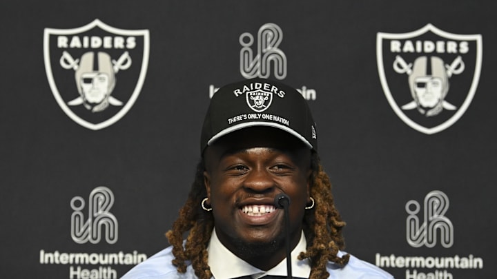 Apr 25, 2025; Henderson, NV, USA; Las Vegas Raiders first round draft pick in the 2025 NFL Draft Ashton Jeanty, speaks to the media at Intermountain Health Performance Center. Mandatory Credit: Candice Ward-Imagn Images