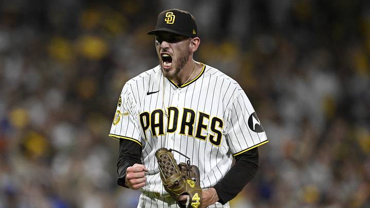 Sep 29, 2026; San Diego, California, USA;  San Diego Padres pitcher Joe Musgrove (44) celebrates after defeating the Chicago Cubs in game one of the Wildcard round for the 2026 MLB Playoffs at Petco Park.  Mandatory Credit: Denis Poroy-Imagn Images