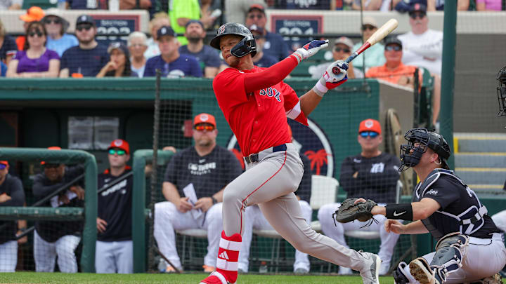 Lakeland, Florida, USA; Boston Red Sox second baseman Kristian Campbell (28) bats during the first inning against the Detroit Tigers at Publix Field at Joker Marchant Stadium.
