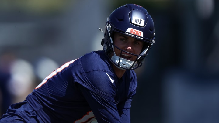 May 23, 2024; Englewood, CO, USA; Denver Broncos quarterback Bo Nix (10) during organized team activities at Centura Health Training Center. Mandatory Credit: Isaiah J. Downing-USA TODAY Sports