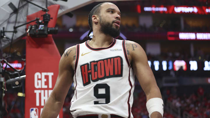 May 4, 2025; Houston, Texas, USA; Houston Rockets forward Dillon Brooks (9) reacts after a play during the fourth quarter of game seven of the first round for the 2025 NBA Playoffs against the Golden State Warriors at Toyota Center. Mandatory Credit: Troy Taormina-Imagn Images