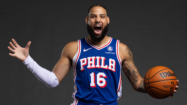 Sep 30, 2024; Camden, NJ, USA; Philadelphia 76ers Caleb Martin (16) poses for a photo on media day at the Philadelphia 76ers Training Complex. Mandatory Credit: Bill Streicher-Imagn Images