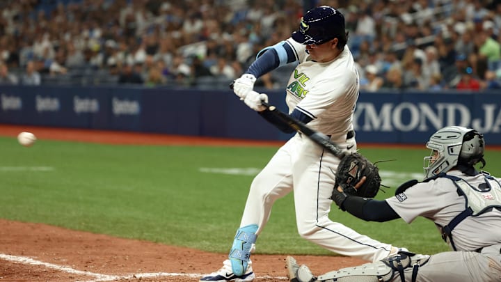 Tampa Bay Rays first baseman Austin Shenton hits a single against the New York Yankees on May 10 at Tropicana Field. Tampa Bay Rays first baseman Austin Shenton hits a single against the New York Yankees on May 10 at Tropicana Field.