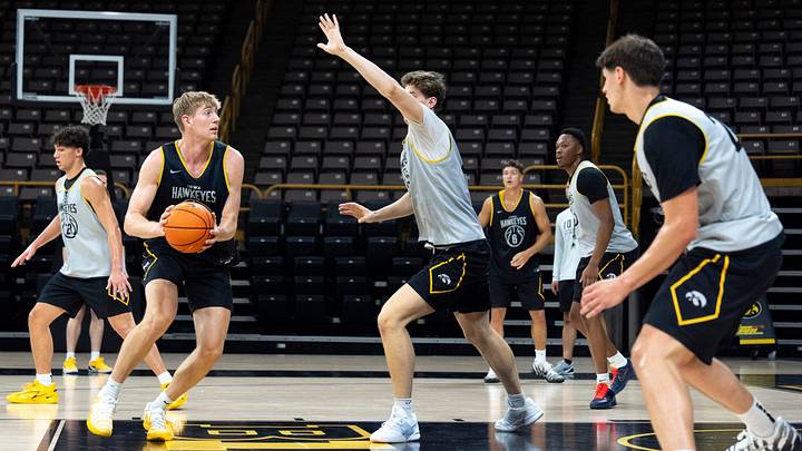 Iowa forward Cooper Koch (8) dribbles into the lane Oct. 12, 2026 during an Iowa men’s basketball open practice at Carver-Hawkeye Arena in Iowa City, Iowa. Iowa forward Cooper Koch (8) dribbles into the lane Oct. 12, 2026 during an Iowa men’s basketball open practice at Carver-Hawkeye Arena in Iowa City, Iowa.