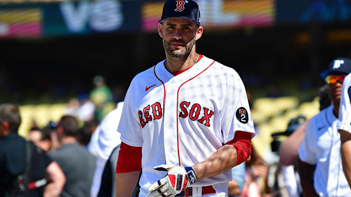 Jul 18, 2022; Los Angeles, CA, USA; American League designated hitter J.D. Martinez (28) of the