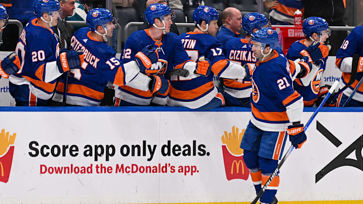 Mar 23, 2024; Elmont, New York, USA;  New York Islanders center Kyle Palmieri (21) celebrates his goal against the Winnipeg Jets during the first period at UBS Arena. Mandatory Credit: Dennis Schneidler-USA TODAY Sports