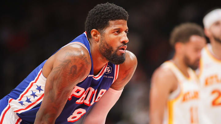 Oct 14, 2024; Atlanta, Georgia, USA; Philadelphia 76ers forward Paul George (8) in action against the Atlanta Hawks in the second quarter at State Farm Arena. Mandatory Credit: Brett Davis-Imagn Images