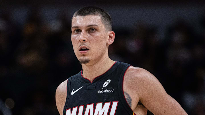 Jan 10, 2026; Indianapolis, Indiana, USA;  Miami Heat guard Tyler Herro (14) in the second half against the Indiana Pacers at Gainbridge Fieldhouse. 