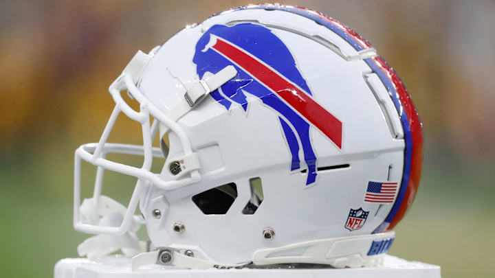 Aug 17, 2024; Pittsburgh, Pennsylvania, USA;  A Buffalo Bills helmet on the sidelines against the Pittsburgh Steelers during the second quarter at Acrisure Stadium. Mandatory Credit: Charles LeClaire-Imagn Images