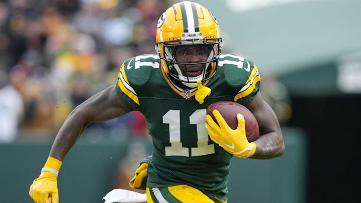 Jan 5, 2025; Green Bay, Wisconsin, USA;  Green Bay Packers wide receiver Jayden Reed (11) during the game against the Chicago Bears at Lambeau Field. Mandatory Credit: Jeff Hanisch-Imagn Images