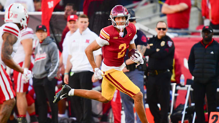 Nov 16, 2024; Los Angeles, California, USA; Southern California Trojans wide receiver Duce Robinson (2) runs the ball against the Nebraska Cornhuskers during the second half at the Los Angeles Memorial Coliseum. Mandatory Credit: Gary A. Vasquez-Imagn Images
