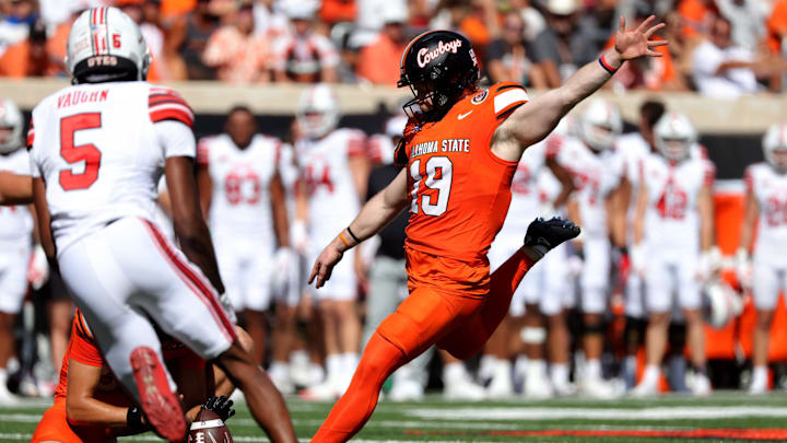 Oklahoma State's Logan Ward (19) kicks a field goal in the first half of the college football between the Oklahoma State University Cowboys and the Utah Utes at Boone Pickens Stadium in Stillwater, Okla., Saturday, Sept., 21, 2024.