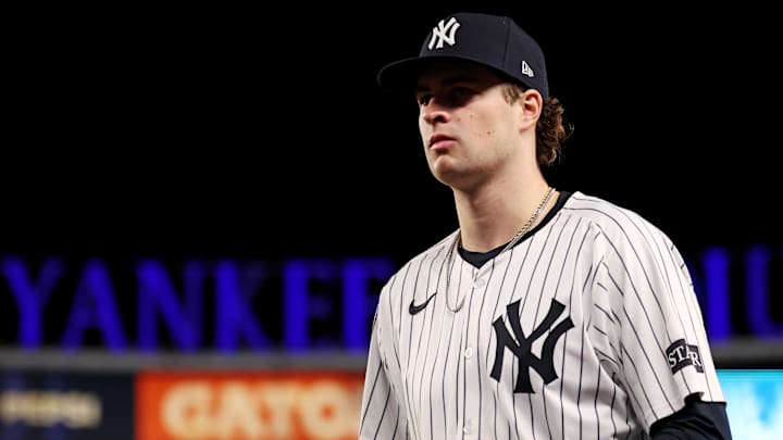 Oct 8, 2025; Bronx, New York, USA; New York Yankees pitcher Cam Schlittler (31) before pitching against the Toronto Blue Jays during game four of the ALDS round for the 2025 MLB playoffs at Yankee Stadium. Mandatory Credit: Vincent Carchietta-Imagn Images
