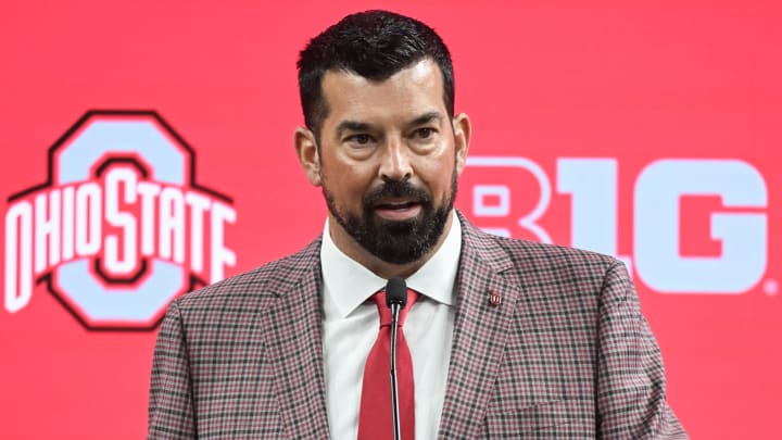 Jul 23, 2024; Indianapolis, IN, USA; Ohio State Buckeyes head coach Ryan Day speaks to the media during the Big 10 football media day at Lucas Oil Stadium. Mandatory Credit: Robert Goddin-USA TODAY Sports Jul 23, 2024; Indianapolis, IN, USA; Ohio State Buckeyes head coach Ryan Day speaks to the media during the Big 10 football media day at Lucas Oil Stadium. Mandatory Credit: Robert Goddin-USA TODAY Sports