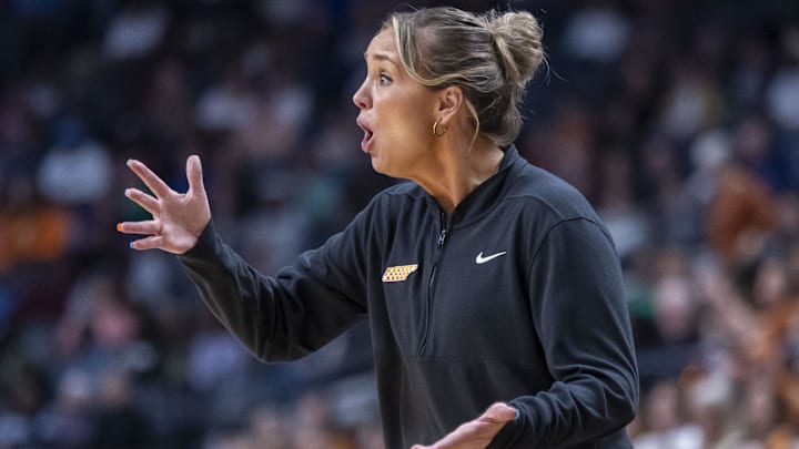 Mar 29, 2025; Birmingham, AL, USA; Tennessee Lady Vols head coach Kim Caldwell reacts to a play during the second half of a Sweet 16 NCAA Tournament basketball game against the Texas Longhorns at Legacy Arena. Mandatory Credit: Vasha Hunt-Imagn Images Mar 29, 2025; Birmingham, AL, USA; Tennessee Lady Vols head coach Kim Caldwell reacts to a play during the second half of a Sweet 16 NCAA Tournament basketball game against the Texas Longhorns at Legacy Arena. Mandatory Credit: Vasha Hunt-Imagn Images