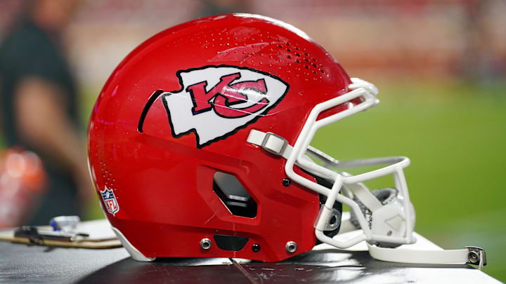 Aug 22, 2025; Kansas City, Missouri, USA; A general view of a Kansas City Chiefs helmet against the Chicago Bears during the first half of the game at GEHA Field at Arrowhead Stadium. Mandatory Credit: Denny Medley-Imagn Images