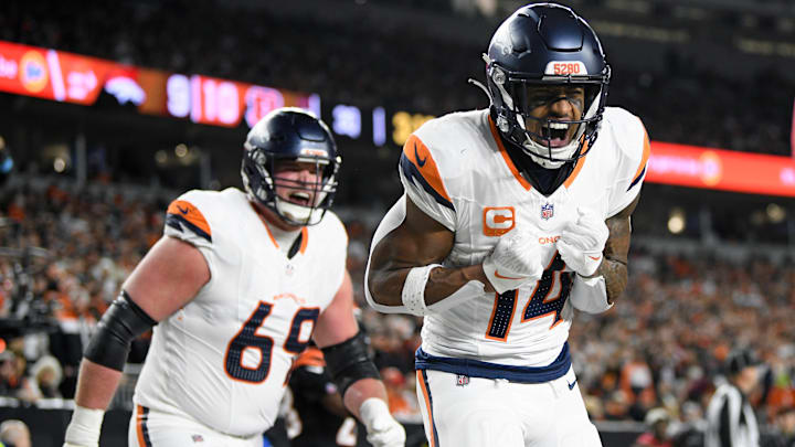 CINCINNATI, OH - DECEMBER 28: Denver Broncos Wide Receiver Courtland Sutton (14) reacts after catching a pass for a touchdown during the NFL, American Football Herren, USA football game between the Denver Broncos and the Cincinnati Bengals on December 28, 2024, at Paycor Stadium in Cincinnati, Ohio. 