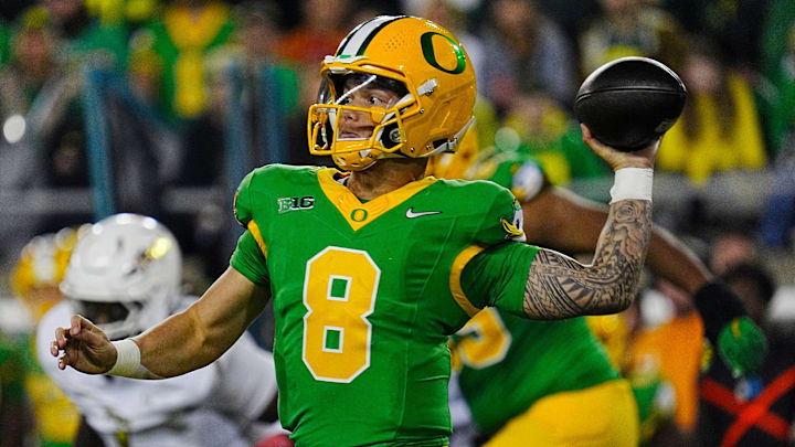 Oregon quarterback Dillon Gabriel throws down field against Maryland during the third quarter at Autzen Stadium Saturday, Nov. 9, 2024.