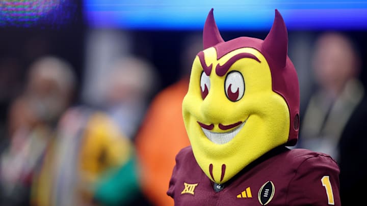 Jan 1, 2025; Atlanta, GA, USA; Arizona State Sun Devils mascot Sparky the Sun Devil before the Peach Bowl at Mercedes-Benz Stadium. Mandatory Credit: Brett Davis-Imagn Images
