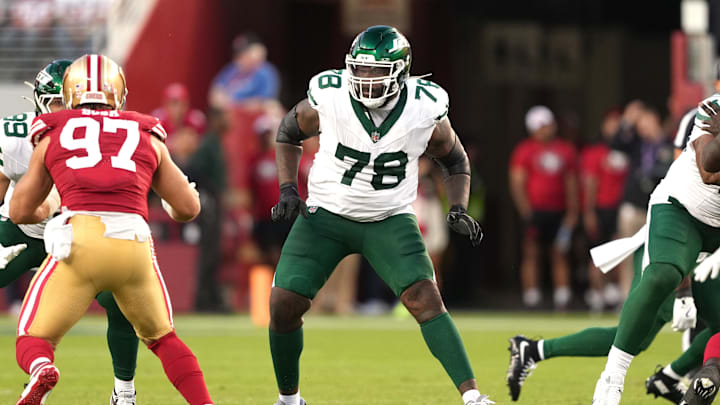 Sep 9, 2024; Santa Clara, California, USA; New York Jets offensive tackle Morgan Moses (78) during the third quarter against the San Francisco 49ers at Levi's Stadium. Sep 9, 2024; Santa Clara, California, USA; New York Jets offensive tackle Morgan Moses (78) during the third quarter against the San Francisco 49ers at Levi's Stadium.