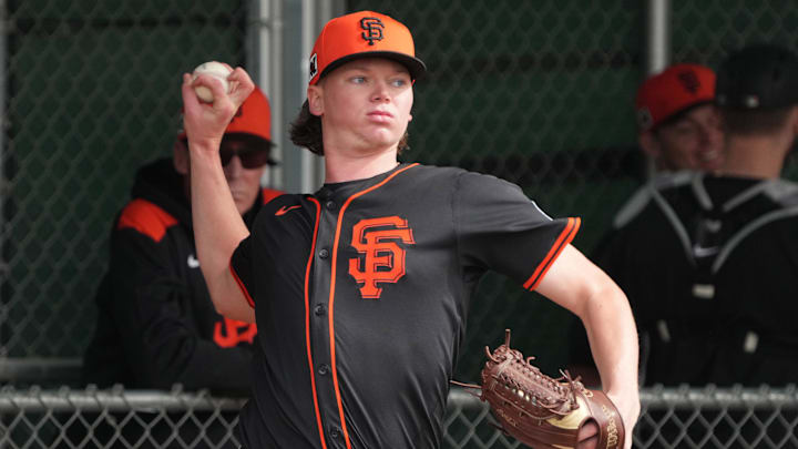 Feb 13, 2025; Scottsdale, AZ, USA; San Francisco Giants pitcher Hayden Birdsong (60) throws in the bullpen during spring training camp. Feb 13, 2025; Scottsdale, AZ, USA; San Francisco Giants pitcher Hayden Birdsong (60) throws in the bullpen during spring training camp.
