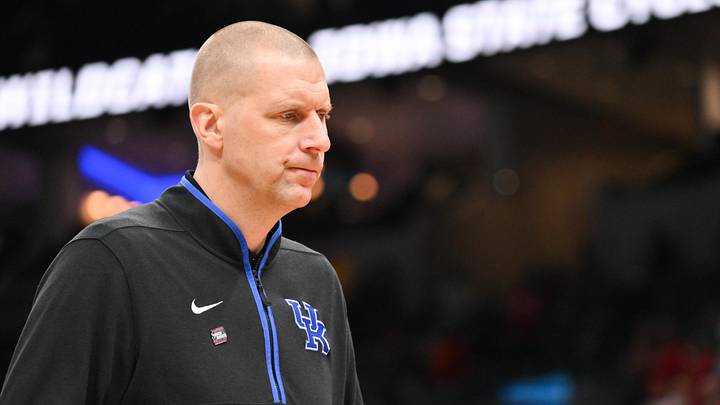 Mar 22, 2026; St. Louis, MO, USA; Kentucky Wildcats head coach Mark Pope looks on after the game against the Iowa State Cyclones during a second round game of the men's 2026 NCAA Tournament at Enterprise Center. Mandatory Credit: Jeff Curry-Imagn Images