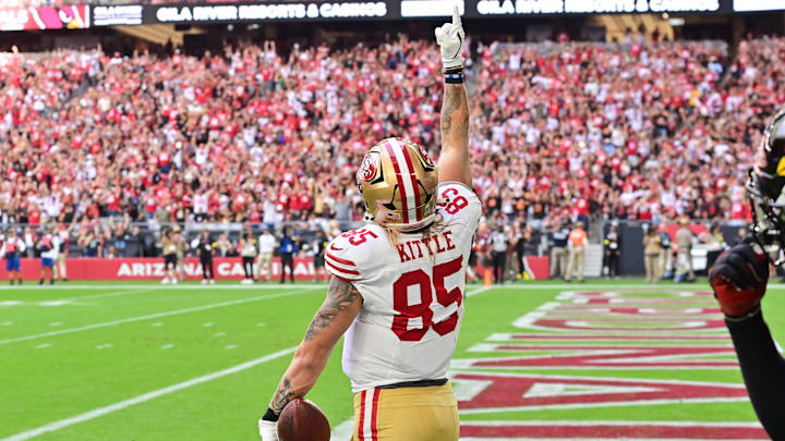 Nov 16, 2025; Glendale, Arizona, USA; San Francisco 49ers tight end George Kittle (85) celebrates a touchdown  in the first quarter against the Arizona Cardinals at State Farm Stadium. Mandatory Credit: Matt Kartozian-Imagn Images