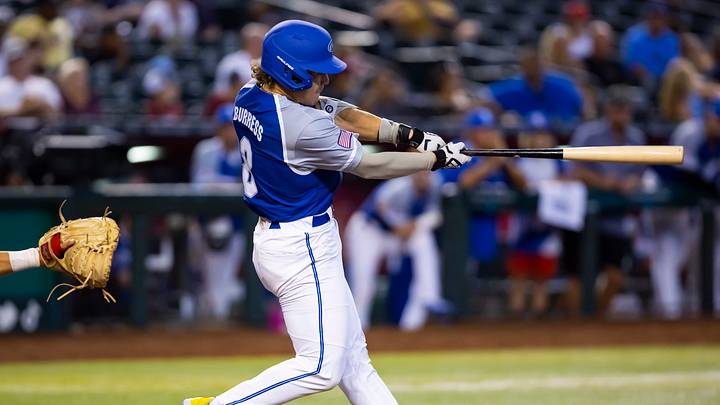 Aug 28, 2022; Phoenix, Arizona, US; East outfielder Drew Burress (8) during the Perfect Game All-American Classic high school baseball game at Chase Field. Mandatory Credit: Mark J. Rebilas-USA TODAY Sports Aug 28, 2022; Phoenix, Arizona, US; East outfielder Drew Burress (8) during the Perfect Game All-American Classic high school baseball game at Chase Field. Mandatory Credit: Mark J. Rebilas-USA TODAY Sports
