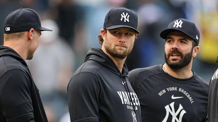 May 2, 2026; Bronx, New York, USA; New York Yankees pitcher Gerrit Cole, center, on the field after the game against the Baltimore Orioles at Yankee Stadium. Mandatory Credit: Vincent Carchietta-Imagn Images