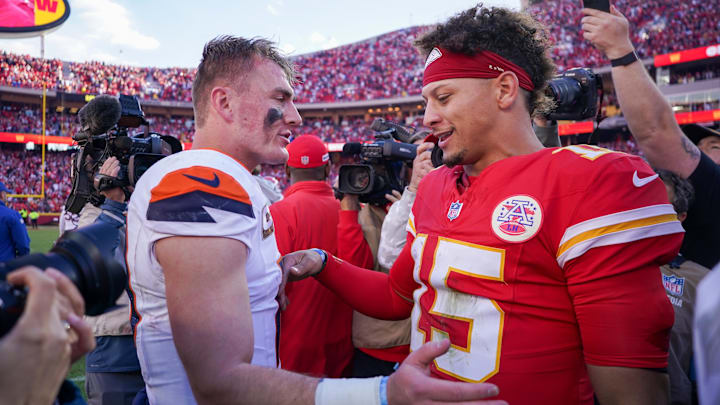 Nov 10, 2024; Kansas City, Missouri, USA; Denver Broncos quarterback Bo Nix (10) talks with Kansas City Chiefs quarterback Patrick Mahomes (15) after the game at GEHA Field at Arrowhead Stadium. Mandatory Credit: Denny Medley-Imagn Images Nov 10, 2024; Kansas City, Missouri, USA; Denver Broncos quarterback Bo Nix (10) talks with Kansas City Chiefs quarterback Patrick Mahomes (15) after the game at GEHA Field at Arrowhead Stadium. Mandatory Credit: Denny Medley-Imagn Images
