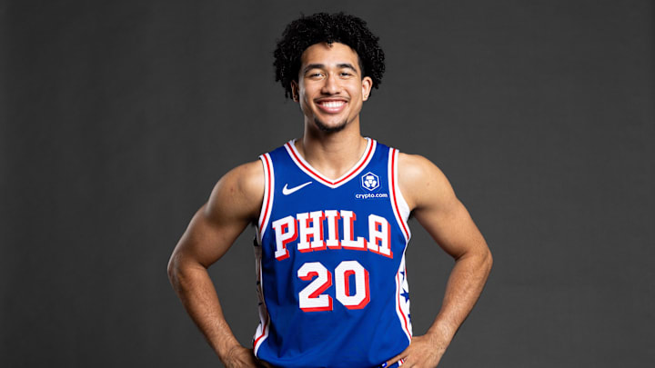 Sep 30, 2024; Camden, NJ, USA; Philadelphia 76ers guard Jared McCain (20) poses for a photo on media day at the Philadelphia 76ers Training Complex. Mandatory Credit: Bill Streicher-Imagn Images