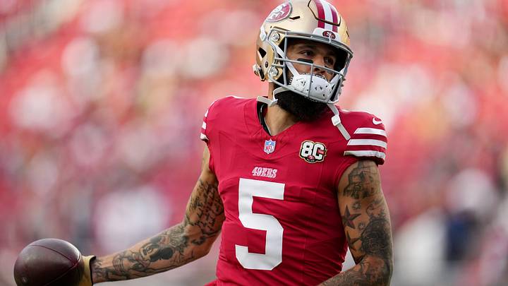 Oct 19, 2026; Santa Clara, California, USA;  San Francisco 49ers wide receiver Mike Evans (5) warms up before the game against the Washington Commanders at Levi's Stadium.  Mandatory Credit: Cary Edmondson-Imagn Images